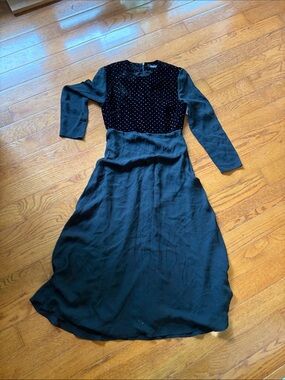Black Long-Sleeve Midi Dress with Studded Velvet Bodice